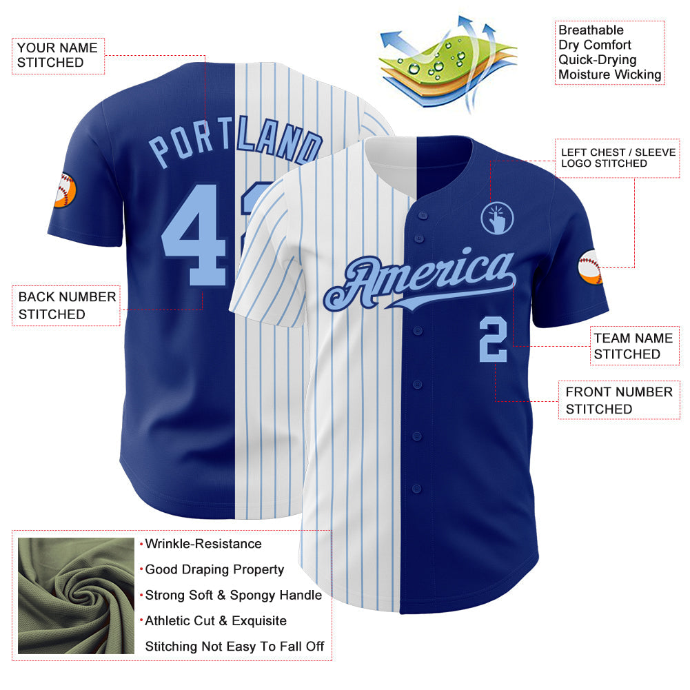 Custom Royal White-Light Blue Pinstripe Authentic Split Fashion Baseball Jersey view 3