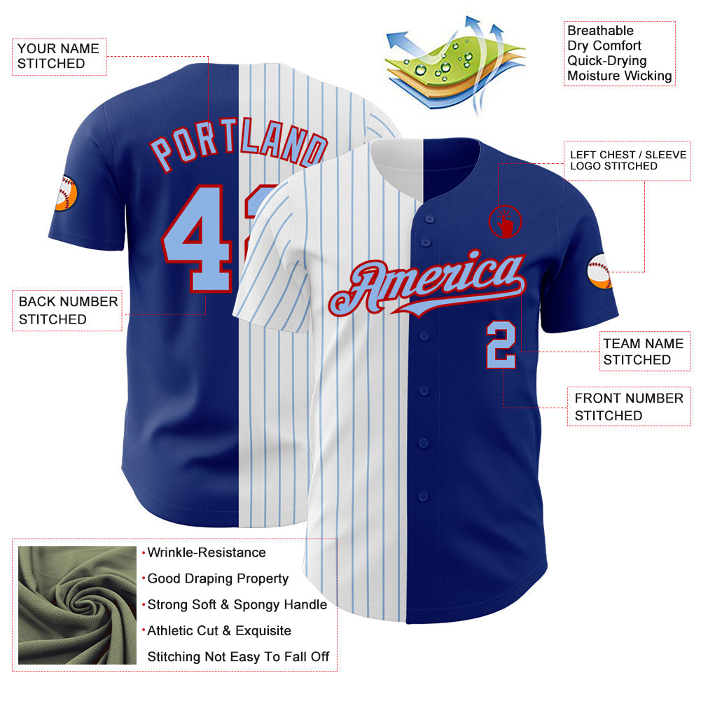 Custom Royal Red-Light Blue Pinstripe Authentic Split Fashion Baseball Jersey view 3