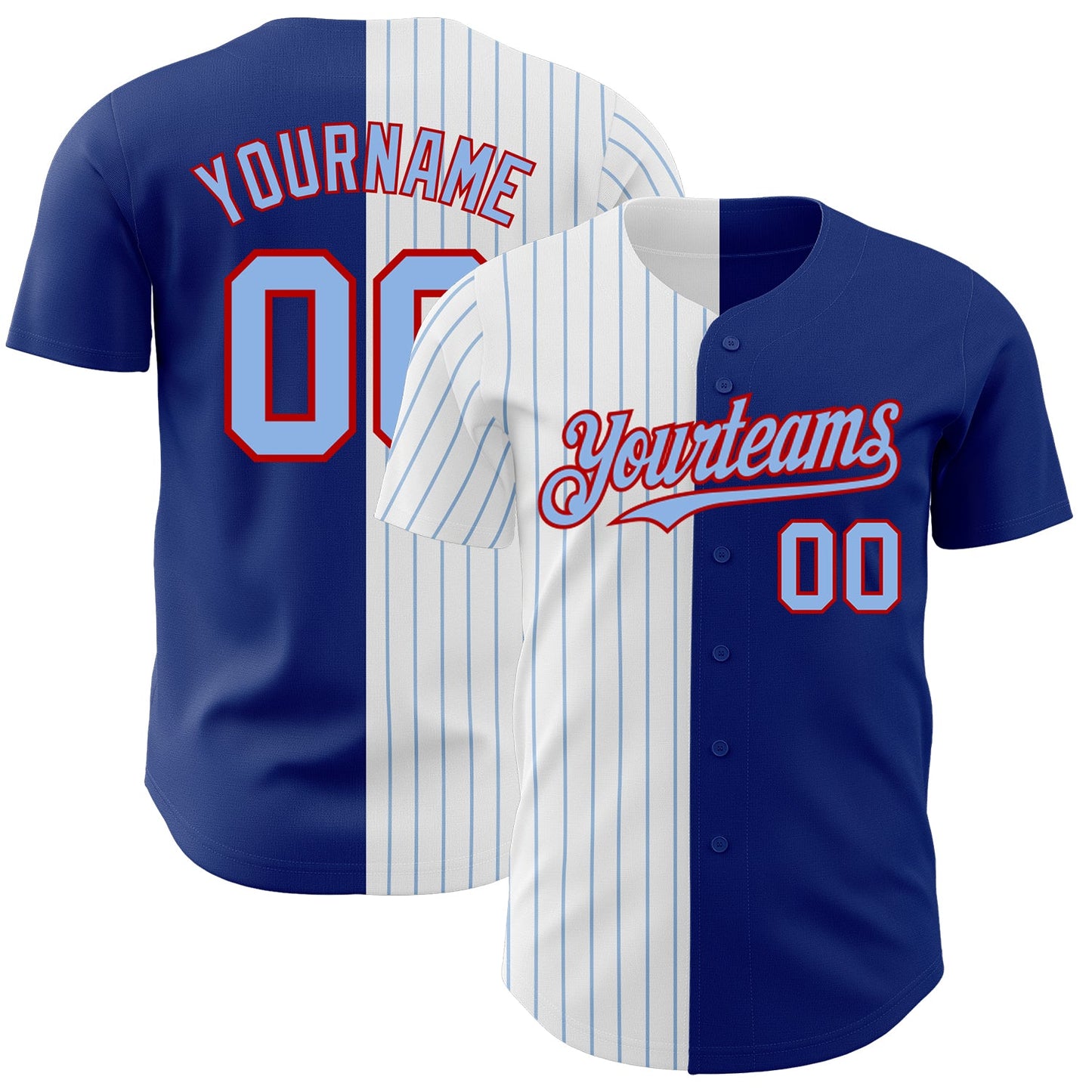 Custom Royal Red-Light Blue Pinstripe Authentic Split Fashion Baseball Jersey - Main View