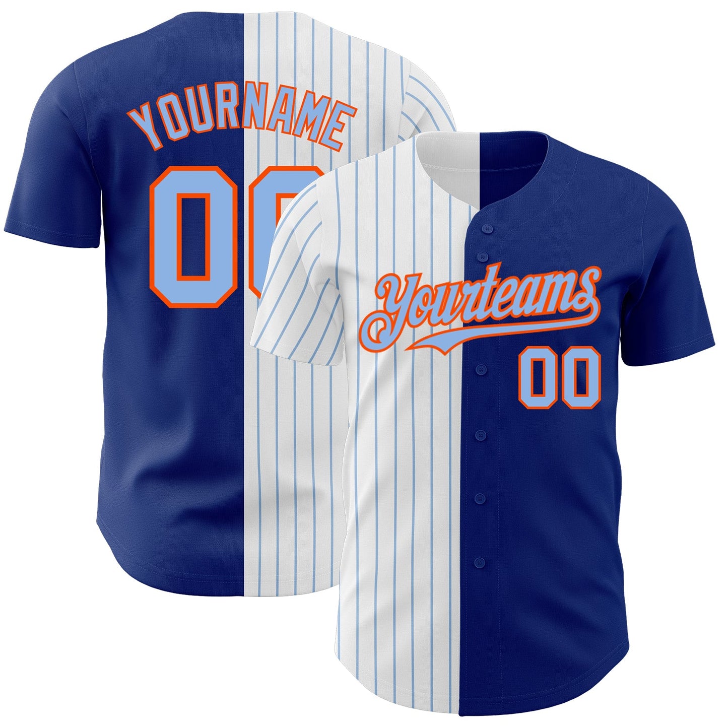 Custom Royal Orange-Light Blue Pinstripe Authentic Split Fashion Baseball Jersey - Main View