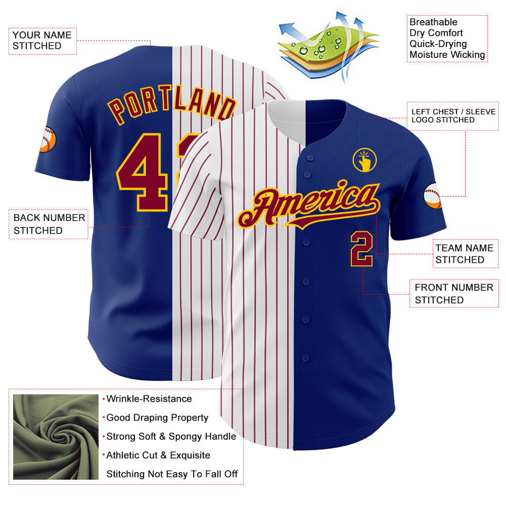 Custom Royal Yellow-Maroon Pinstripe Authentic Split Fashion Baseball Jersey view 3