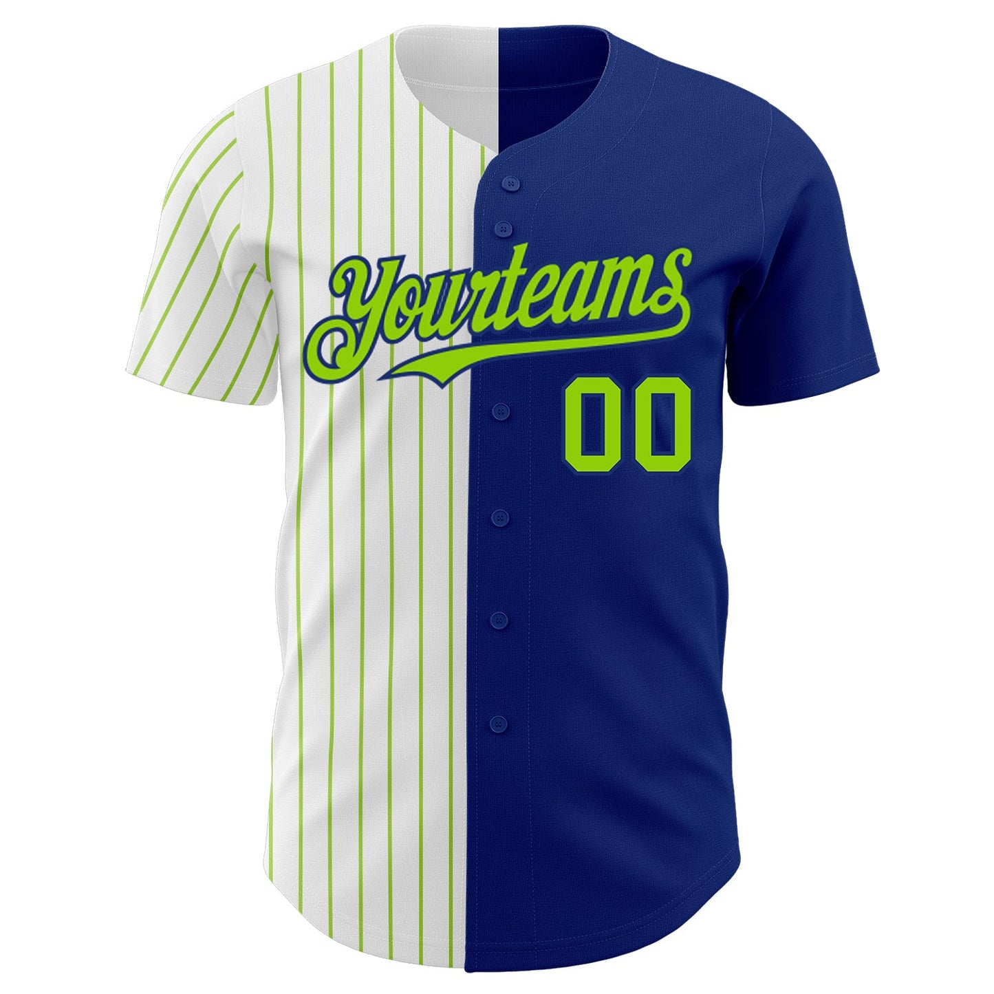 Custom Royal White-Neon Green Pinstripe Authentic Split Fashion Baseball Jersey view 2