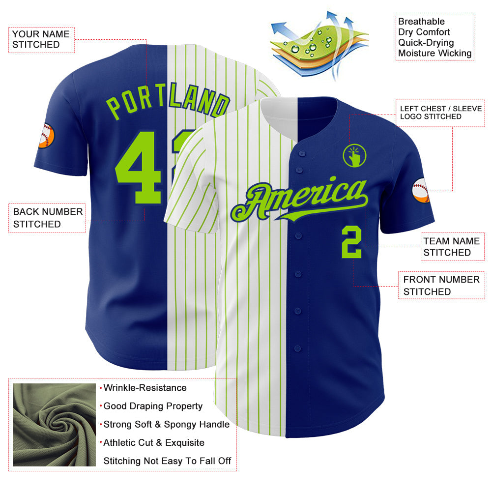 Custom Royal White-Neon Green Pinstripe Authentic Split Fashion Baseball Jersey view 3