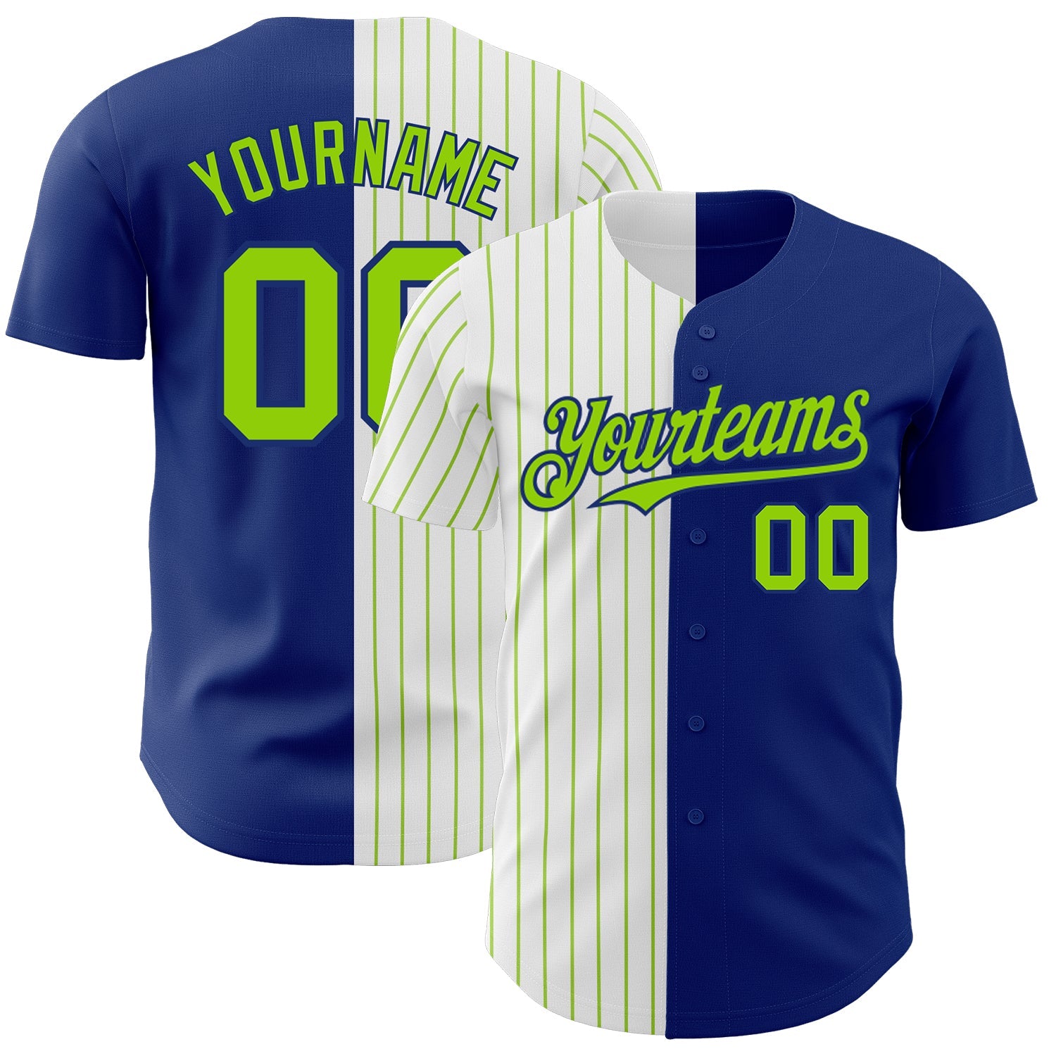 Custom Royal White-Neon Green Pinstripe Authentic Split Fashion Baseball Jersey - Main View