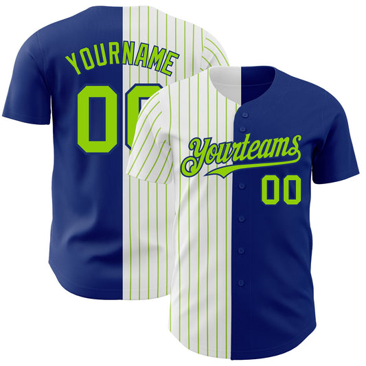 Custom Royal White-Neon Green Pinstripe Authentic Split Fashion Baseball Jersey - Main View