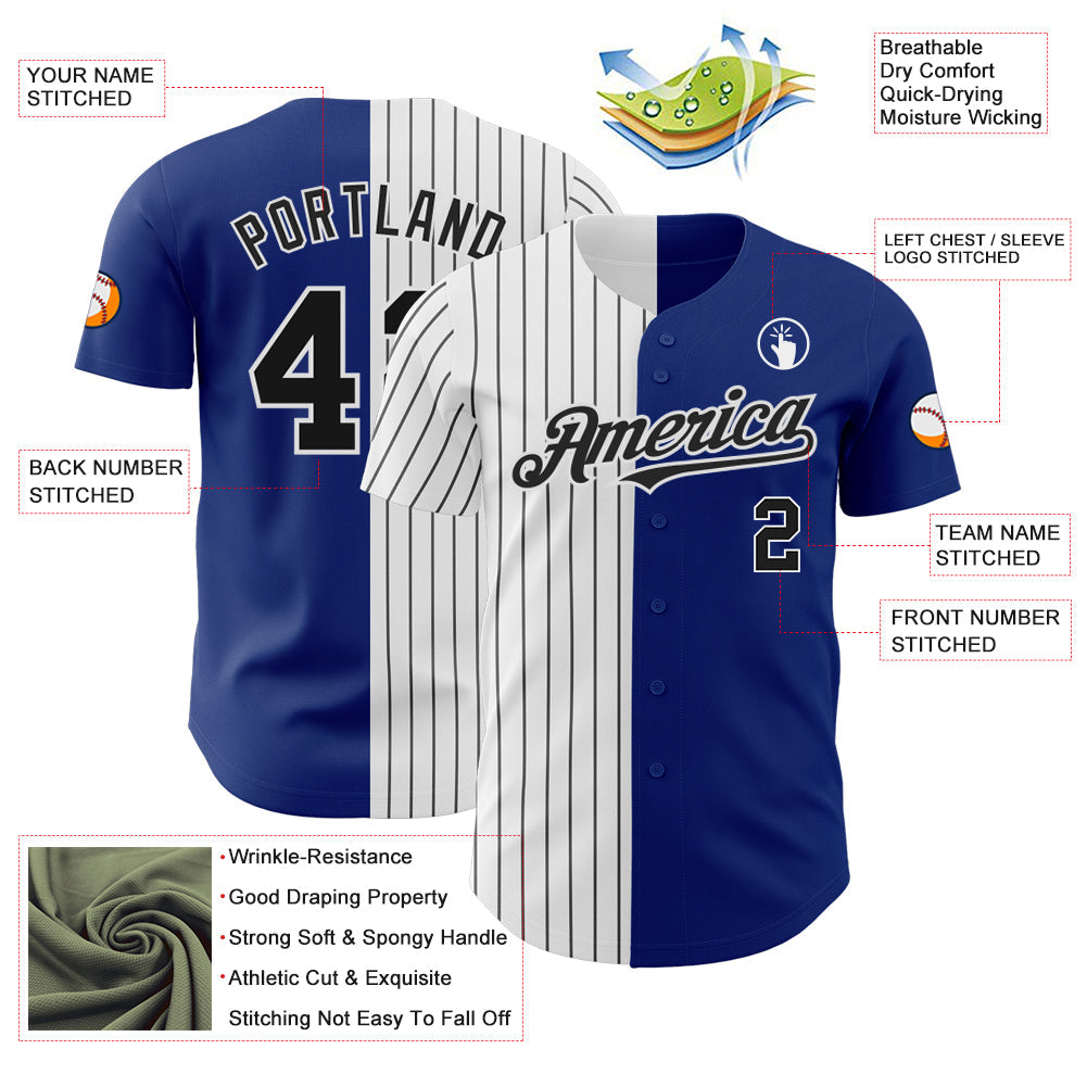 Custom Royal White-Black Pinstripe Authentic Split Fashion Baseball Jersey view 3