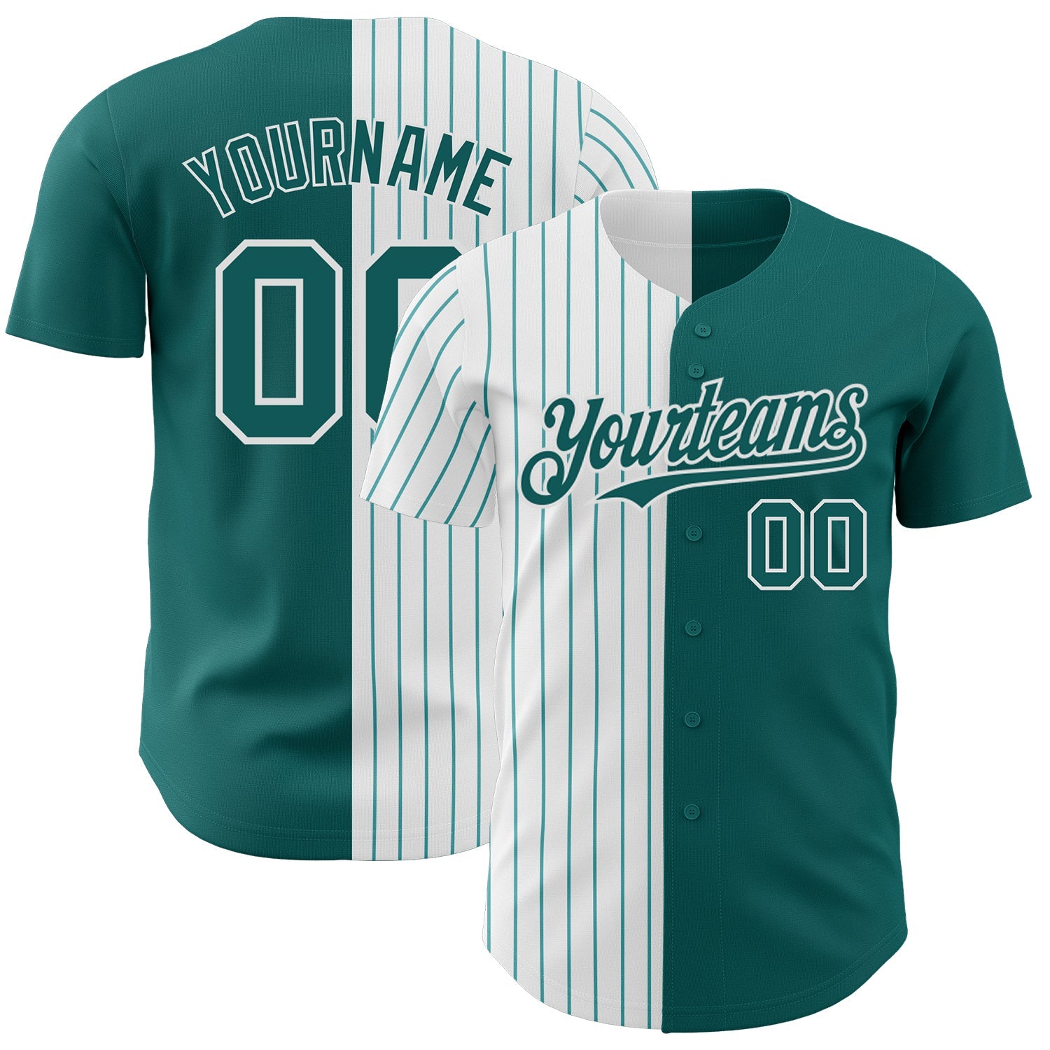 Custom Teal White-Teal Pinstripe Authentic Split Fashion Baseball Jersey - Main View