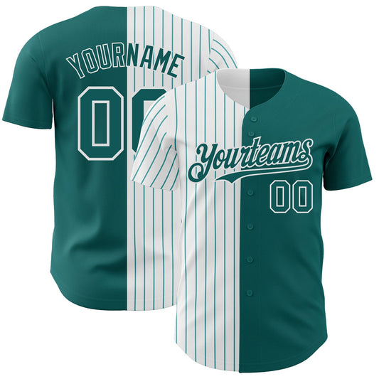 Custom Teal White-Teal Pinstripe Authentic Split Fashion Baseball Jersey - Main View