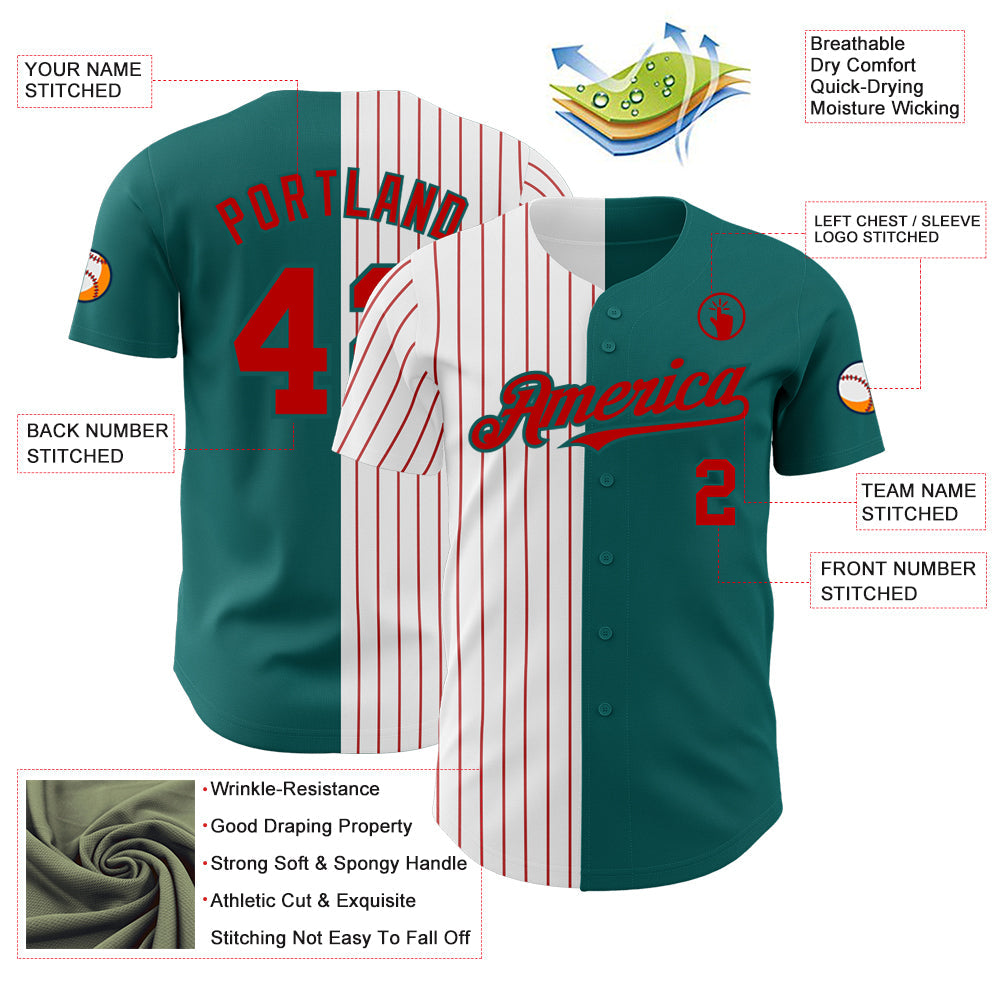 Custom Teal White-Red Pinstripe Authentic Split Fashion Baseball Jersey view 3