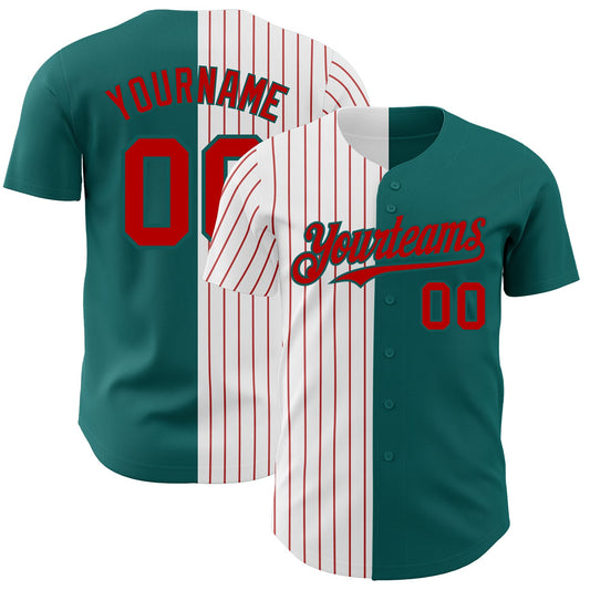 Custom Teal White-Red Pinstripe Authentic Split Fashion Baseball Jersey - Main View