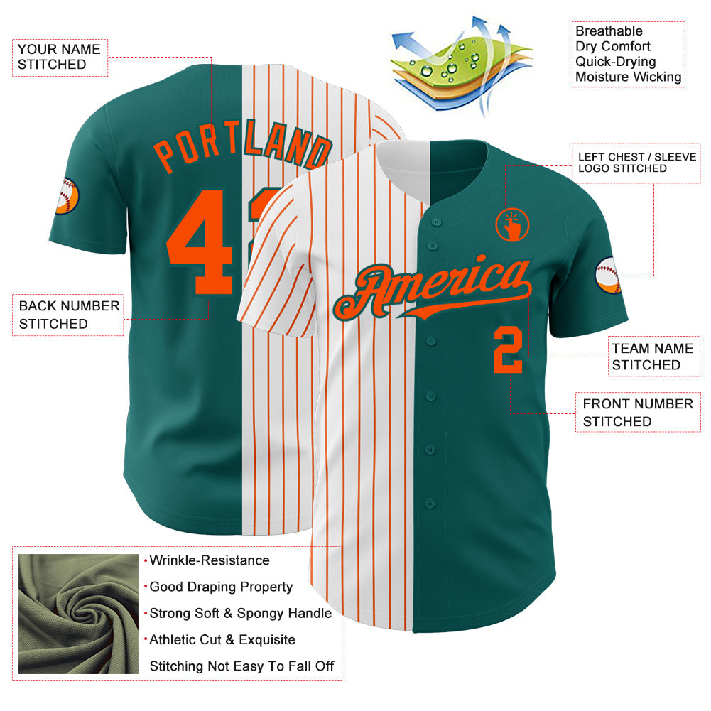 Custom Teal White-Orange Pinstripe Authentic Split Fashion Baseball Jersey view 3
