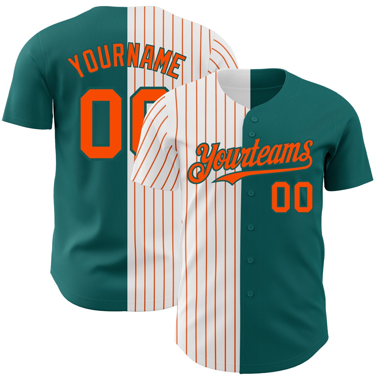 Custom Teal White-Orange Pinstripe Authentic Split Fashion Baseball Jersey - Main View