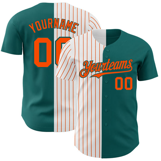 Custom Teal White-Orange Pinstripe Authentic Split Fashion Baseball Jersey - Main View