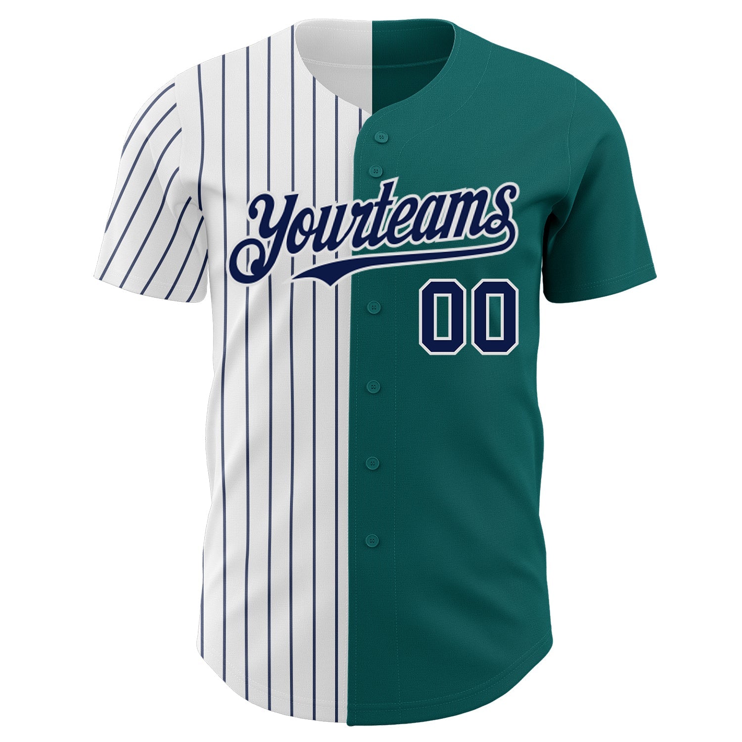 Custom Teal White-Navy Pinstripe Authentic Split Fashion Baseball Jersey view 2