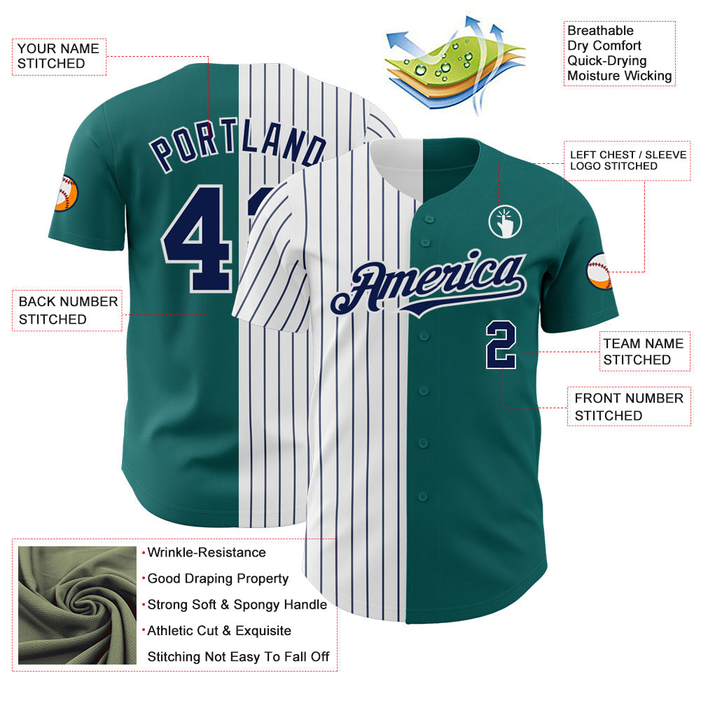 Custom Teal White-Navy Pinstripe Authentic Split Fashion Baseball Jersey view 3