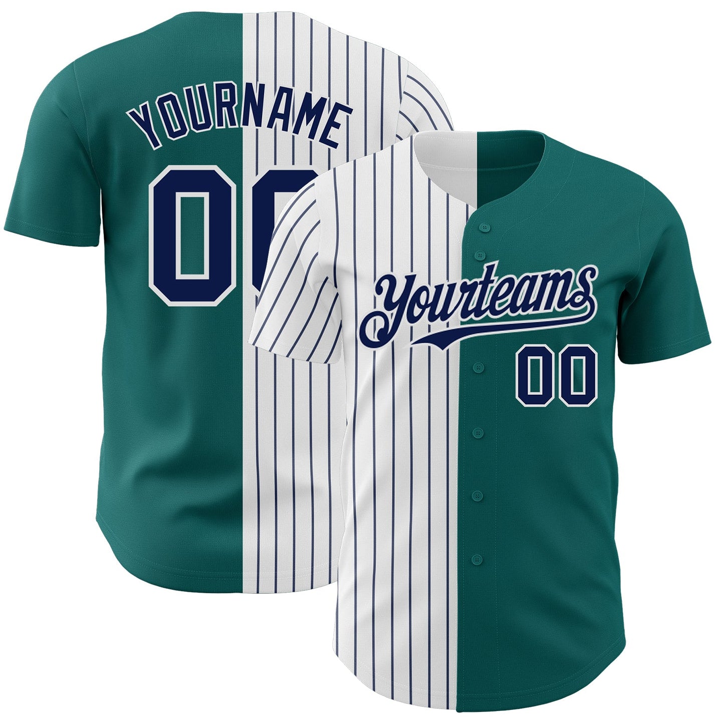 Custom Teal White-Navy Pinstripe Authentic Split Fashion Baseball Jersey - Main View