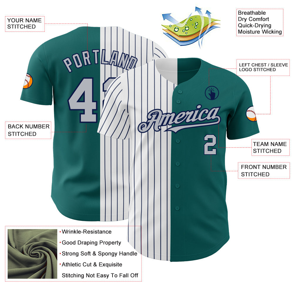 Custom Teal Gray-Navy Pinstripe Authentic Split Fashion Baseball Jersey view 3