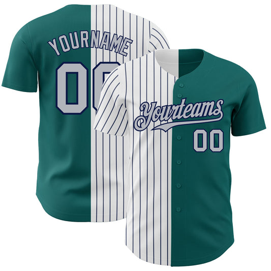 Custom Teal Gray-Navy Pinstripe Authentic Split Fashion Baseball Jersey - Main View