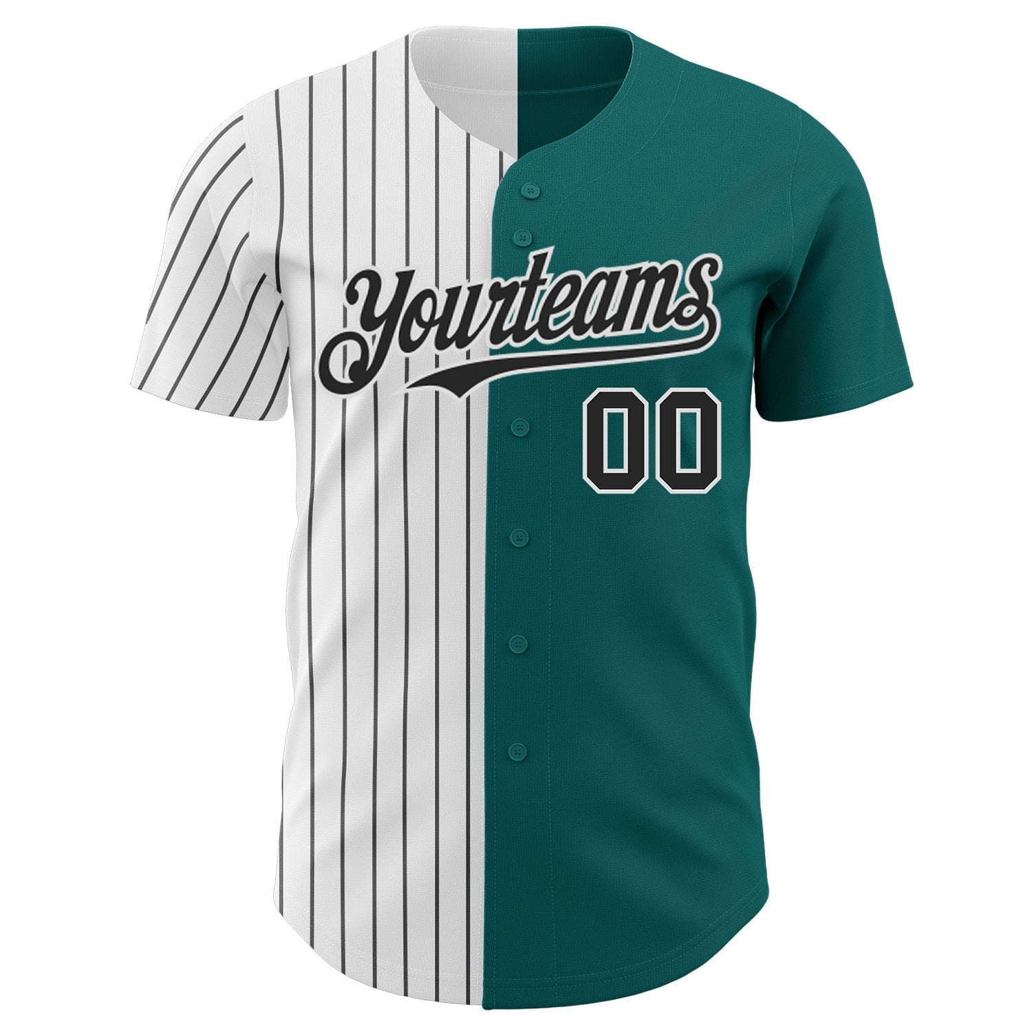 Custom Teal White-Black Pinstripe Authentic Split Fashion Baseball Jersey view 2