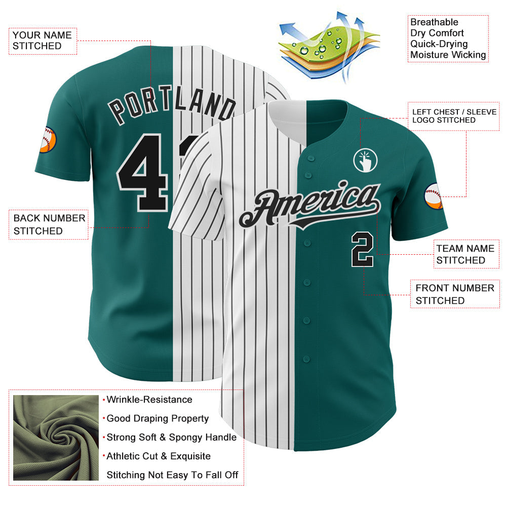 Custom Teal White-Black Pinstripe Authentic Split Fashion Baseball Jersey view 3