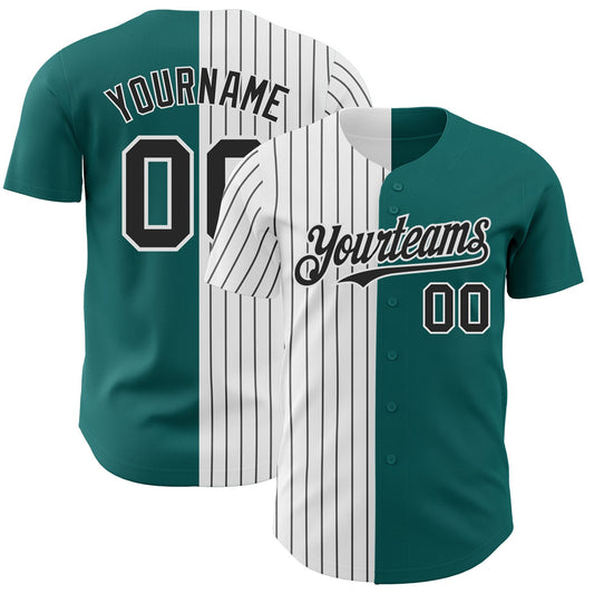 Custom Teal White-Black Pinstripe Authentic Split Fashion Baseball Jersey - Main View
