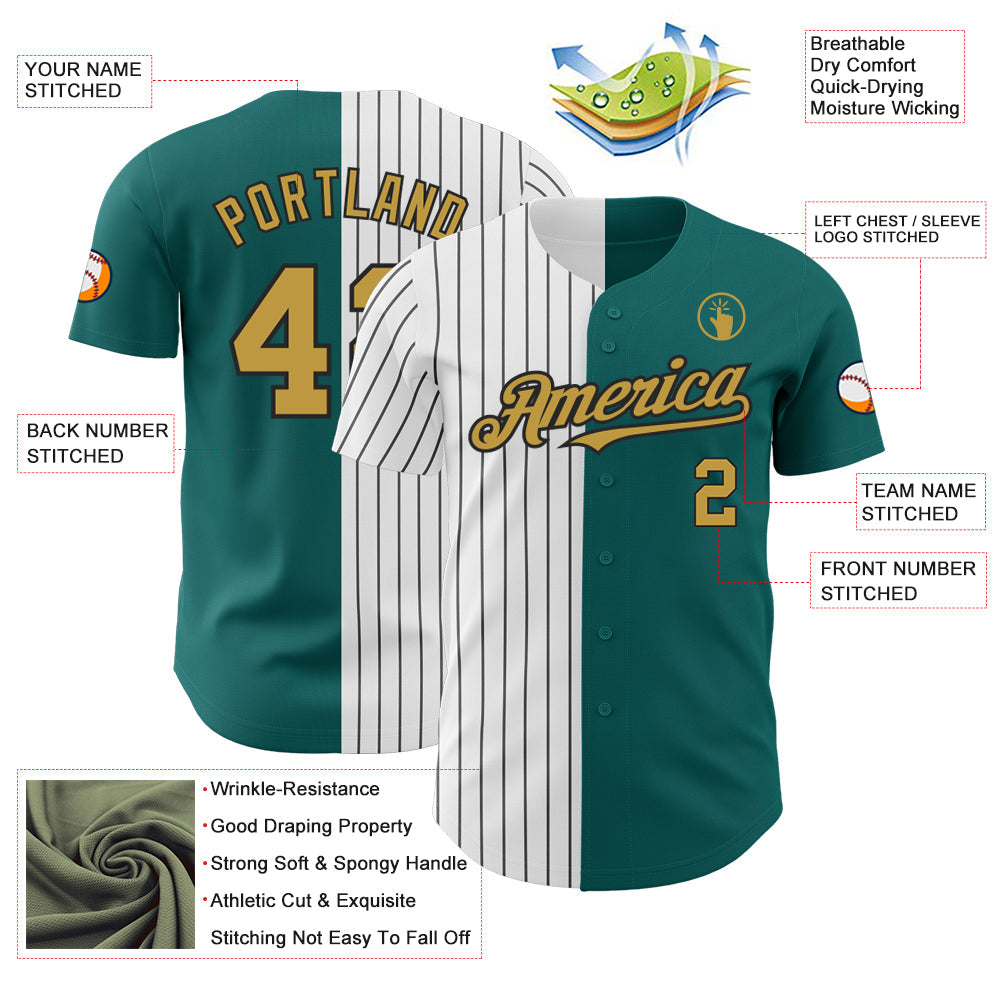 Custom Teal Old Gold-Black Pinstripe Authentic Split Fashion Baseball Jersey view 3