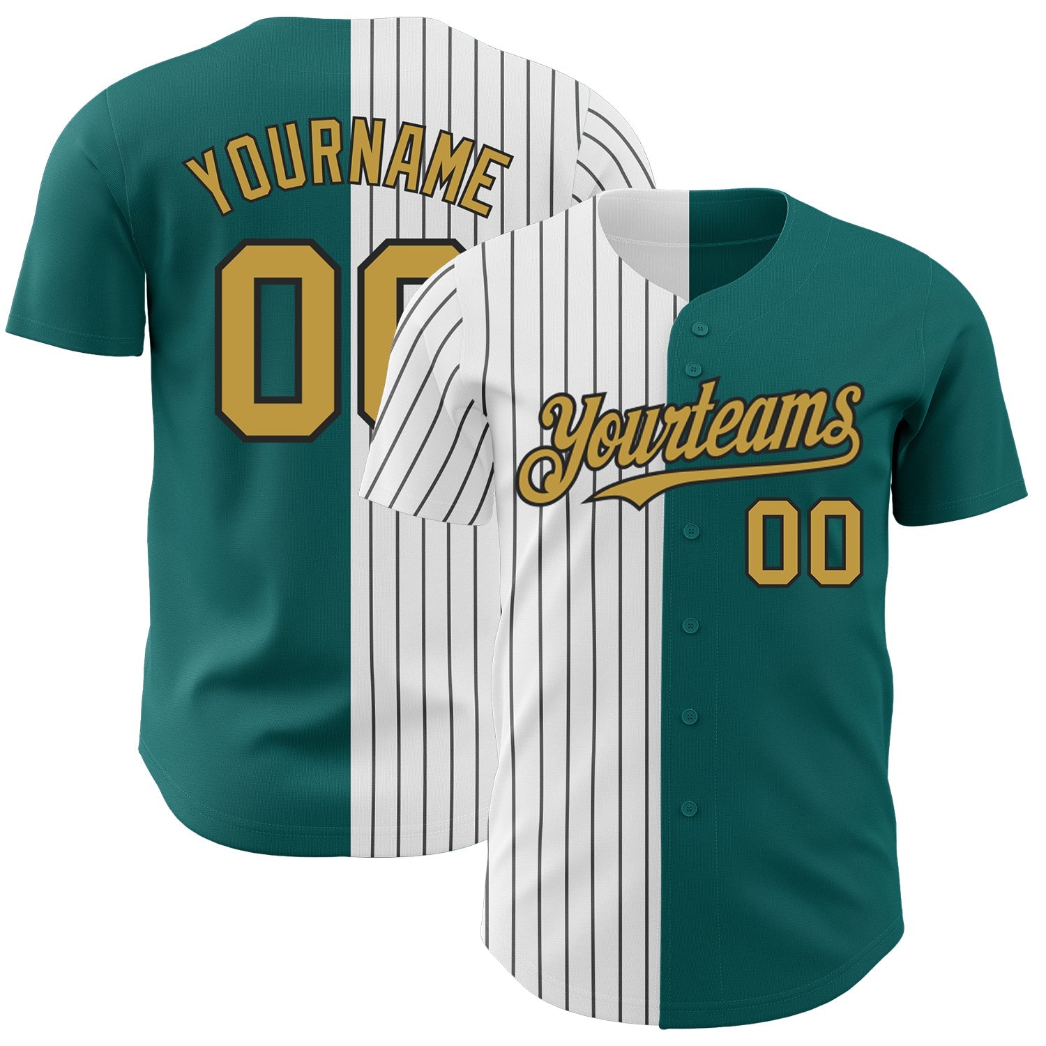 Custom Teal Old Gold-Black Pinstripe Authentic Split Fashion Baseball Jersey - Main View