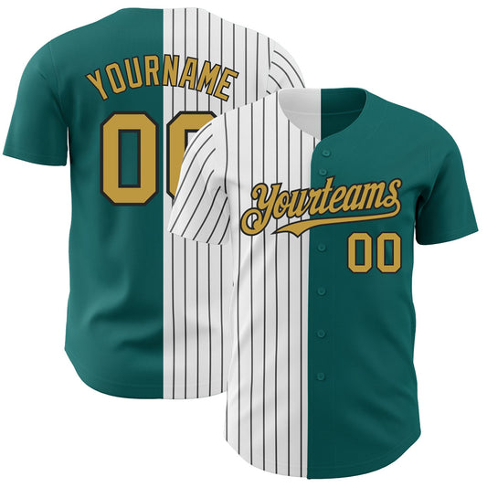 Custom Teal Old Gold-Black Pinstripe Authentic Split Fashion Baseball Jersey - Main View