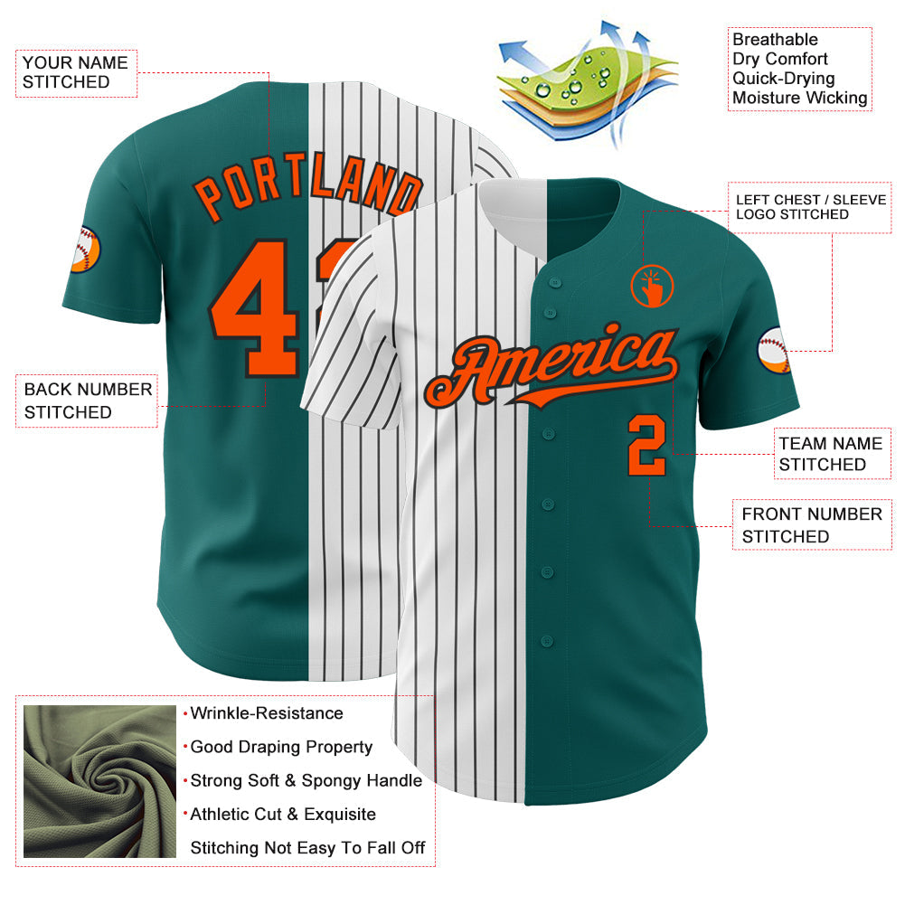 Custom Teal Orange-Black Pinstripe Authentic Split Fashion Baseball Jersey view 3