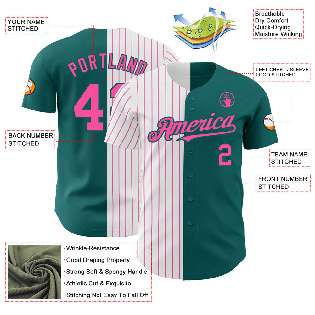 Custom Teal White-Pink Pinstripe Authentic Split Fashion Baseball Jersey view 3