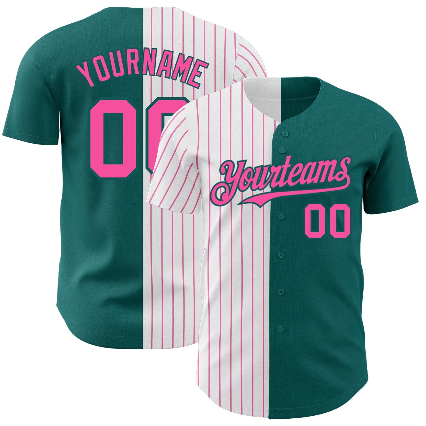 Custom Teal White-Pink Pinstripe Authentic Split Fashion Baseball Jersey - Main View
