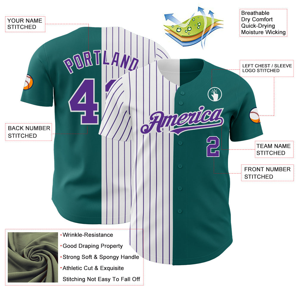 Custom Teal White-Purple Pinstripe Authentic Split Fashion Baseball Jersey view 3