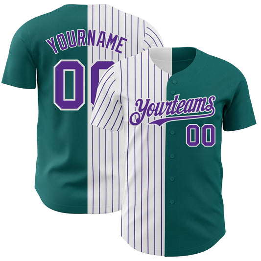 Custom Teal White-Purple Pinstripe Authentic Split Fashion Baseball Jersey - Main View