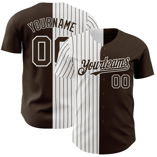 Custom Brown White-Brown Pinstripe Authentic Split Fashion Baseball Jersey - Main View