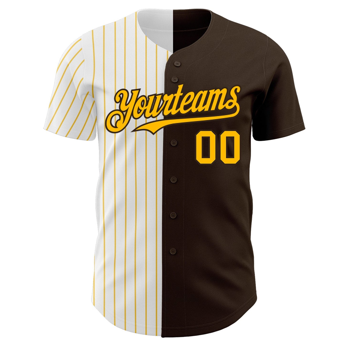 Custom Brown White-Gold Pinstripe Authentic Split Fashion Baseball Jersey view 2