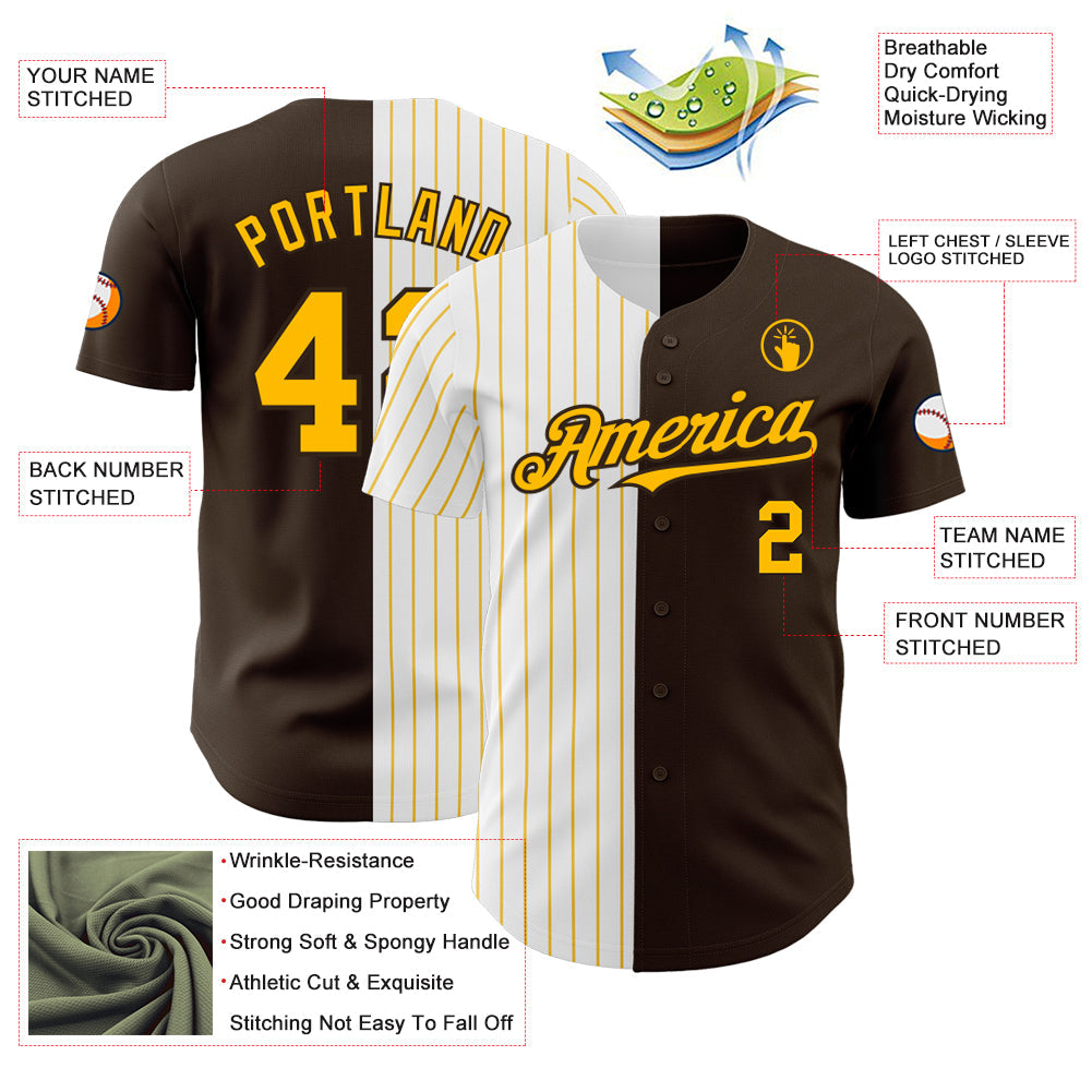 Custom Brown White-Gold Pinstripe Authentic Split Fashion Baseball Jersey view 3