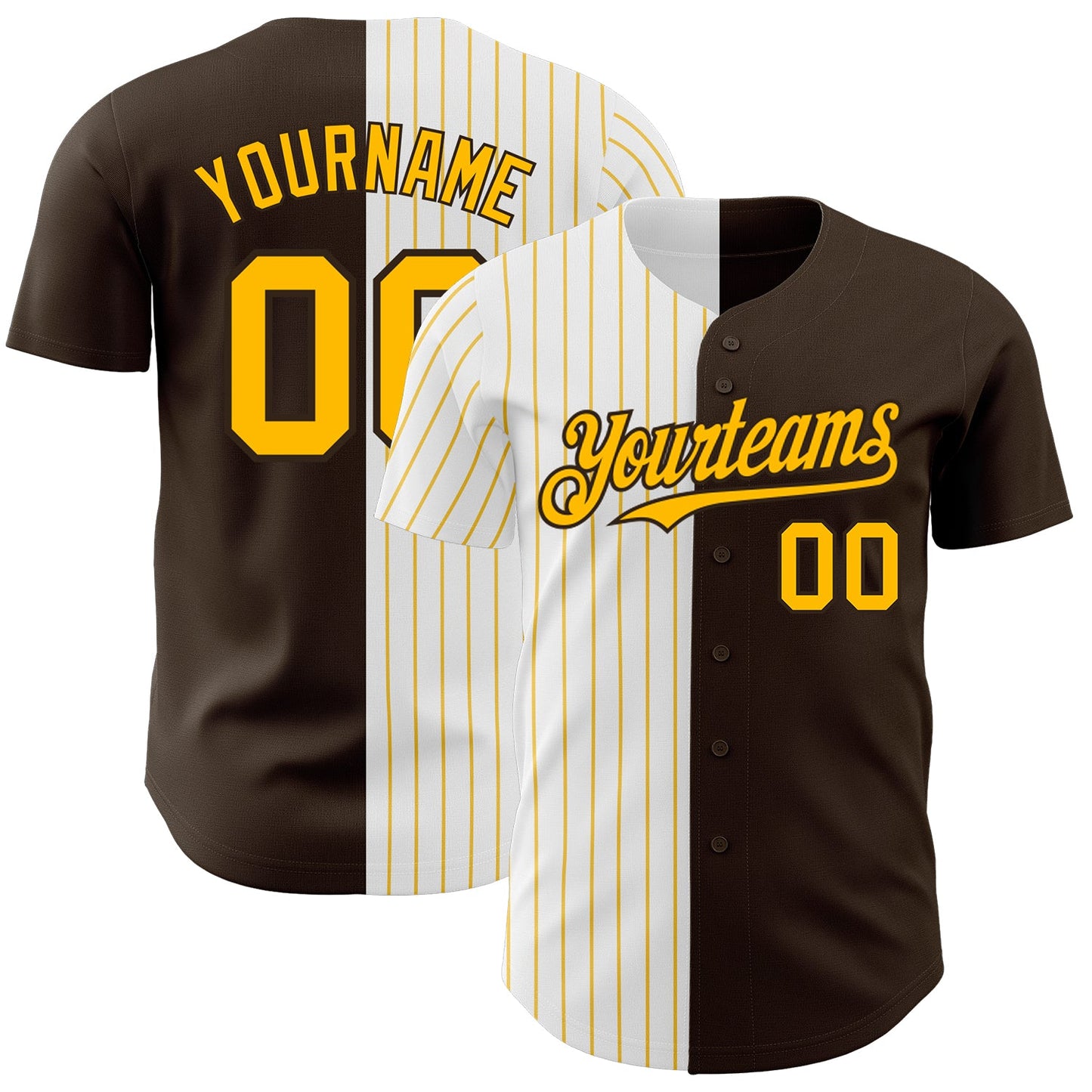 Custom Brown White-Gold Pinstripe Authentic Split Fashion Baseball Jersey - Main View