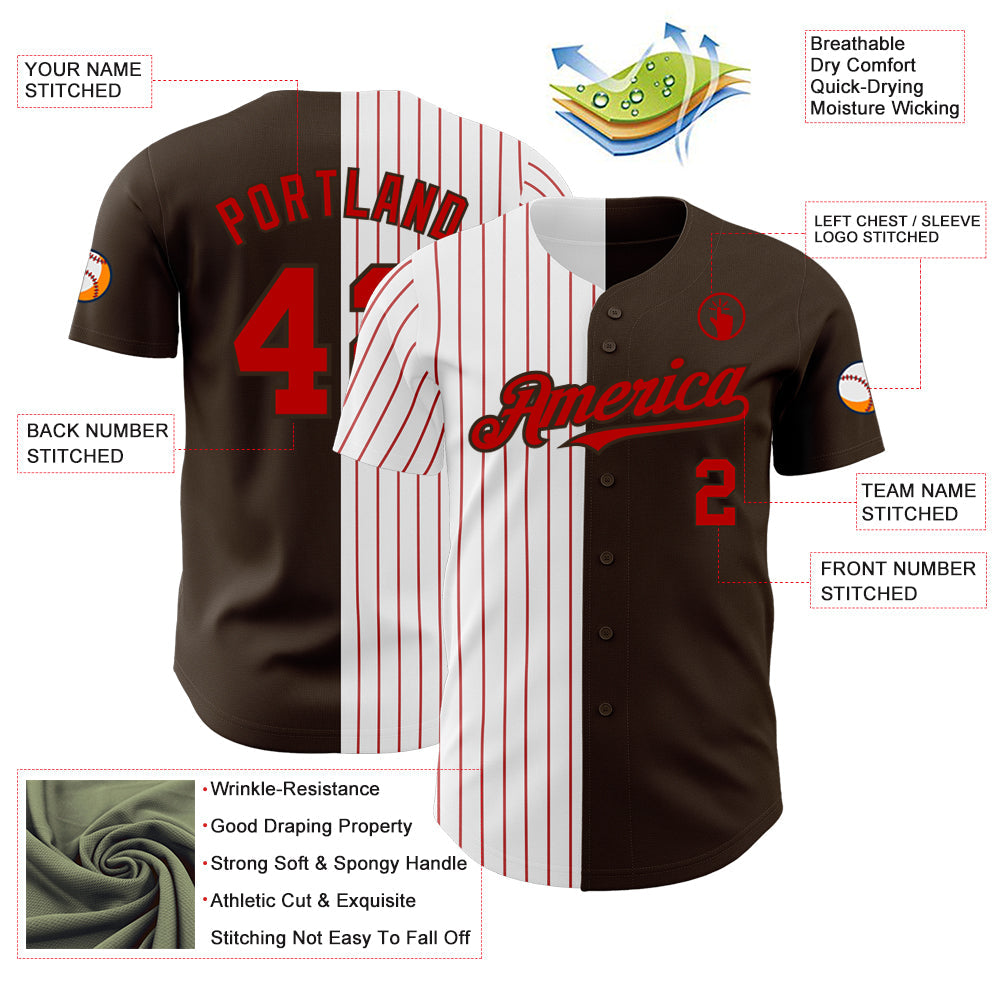 Custom Brown White-Red Pinstripe Authentic Split Fashion Baseball Jersey view 3