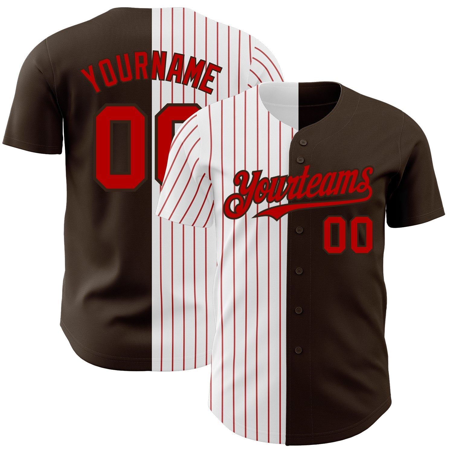 Custom Brown White-Red Pinstripe Authentic Split Fashion Baseball Jersey - Main View