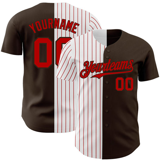 Custom Brown White-Red Pinstripe Authentic Split Fashion Baseball Jersey - Main View