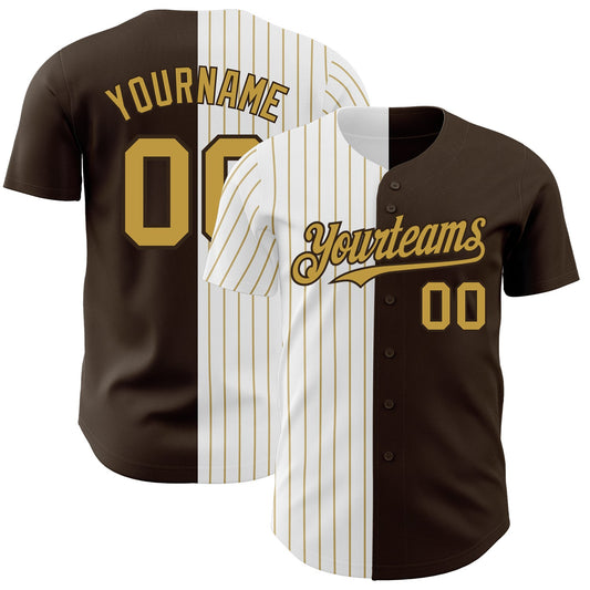 Custom Brown White-Old Gold Pinstripe Authentic Split Fashion Baseball Jersey - Main View