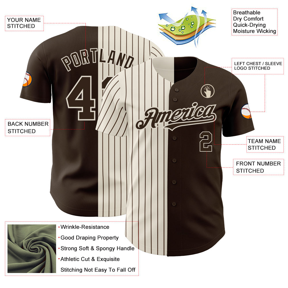 Custom Brown Cream-Brown Pinstripe Authentic Split Fashion Baseball Jersey view 3