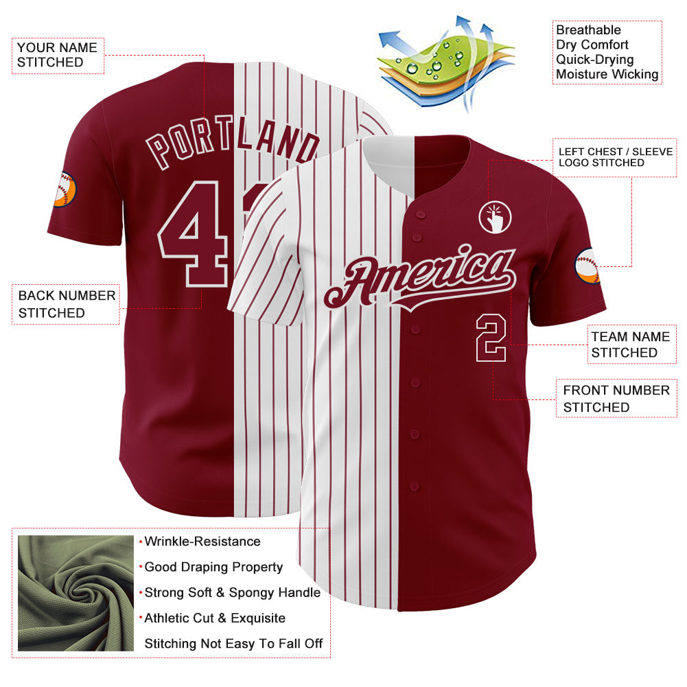 Custom Crimson White-Crimson Pinstripe Authentic Split Fashion Baseball Jersey view 3