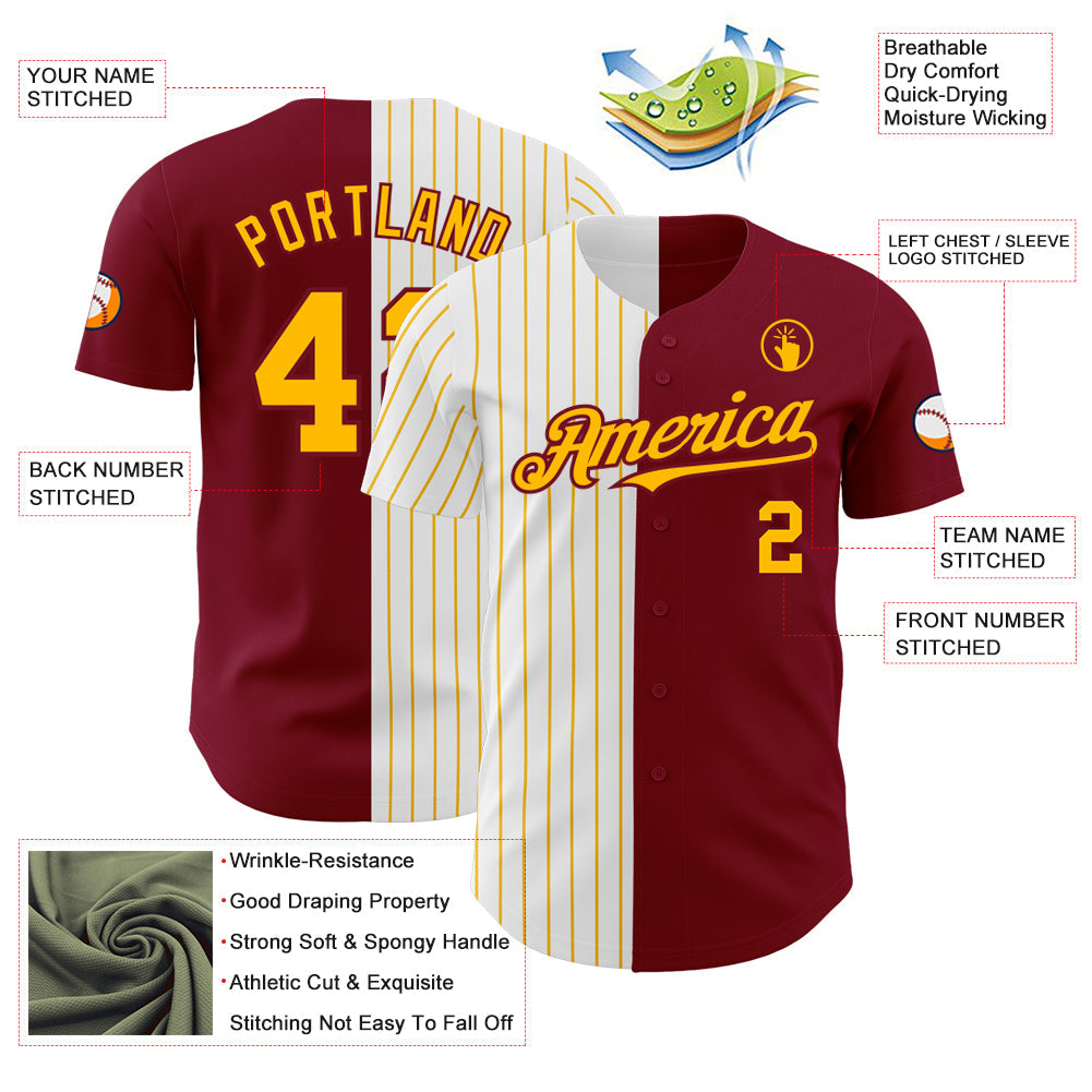 Custom Crimson White-Gold Pinstripe Authentic Split Fashion Baseball Jersey view 3