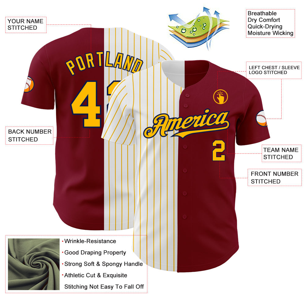 Custom Crimson Navy-Gold Pinstripe Authentic Split Fashion Baseball Jersey view 3
