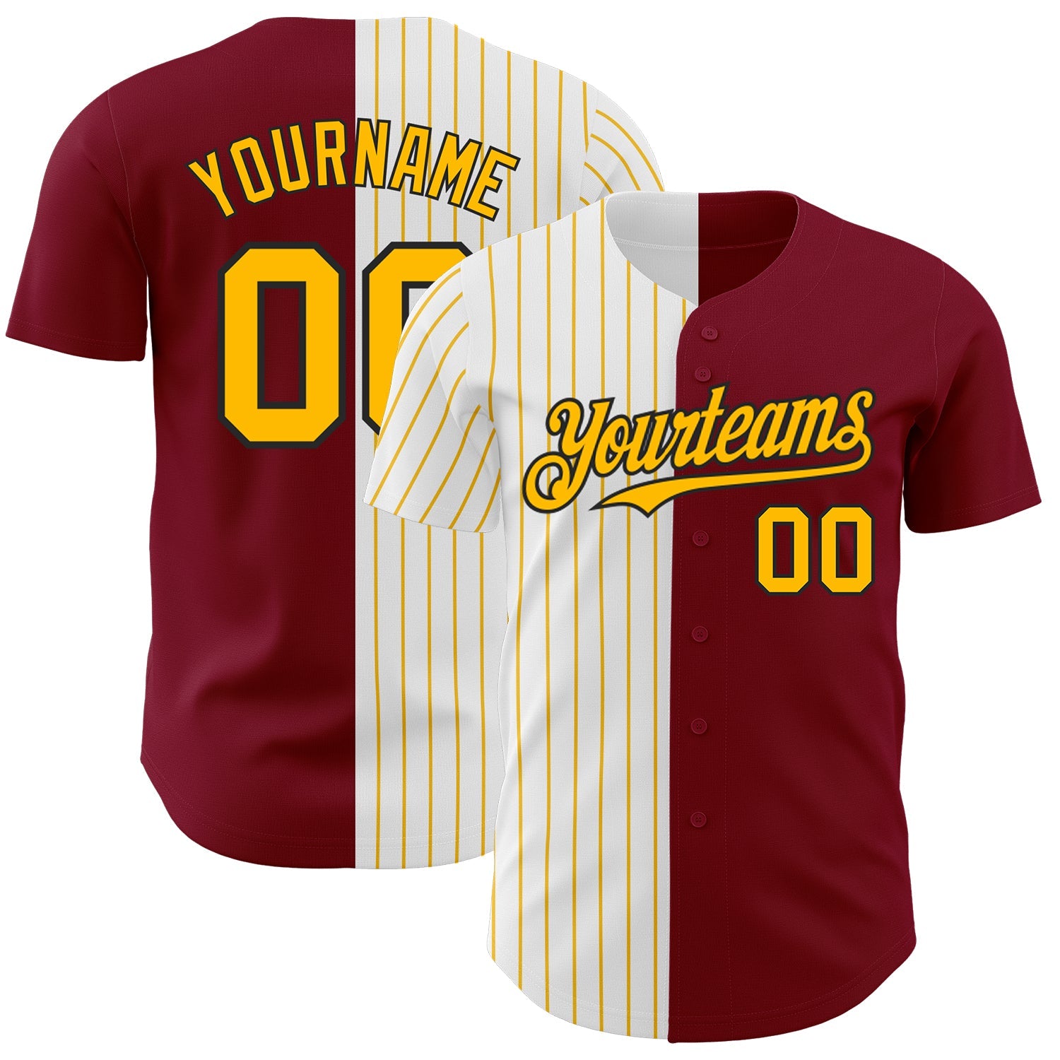 Custom Crimson Black-Gold Pinstripe Authentic Split Fashion Baseball Jersey - Main View