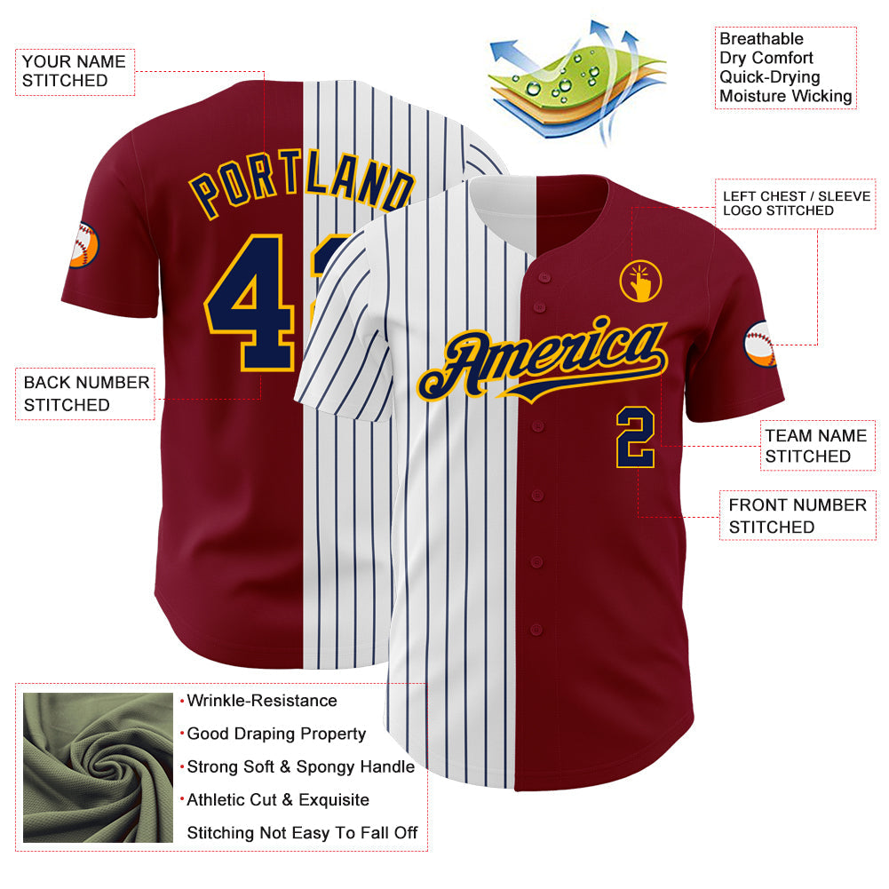 Custom Crimson Gold-Navy Pinstripe Authentic Split Fashion Baseball Jersey view 3