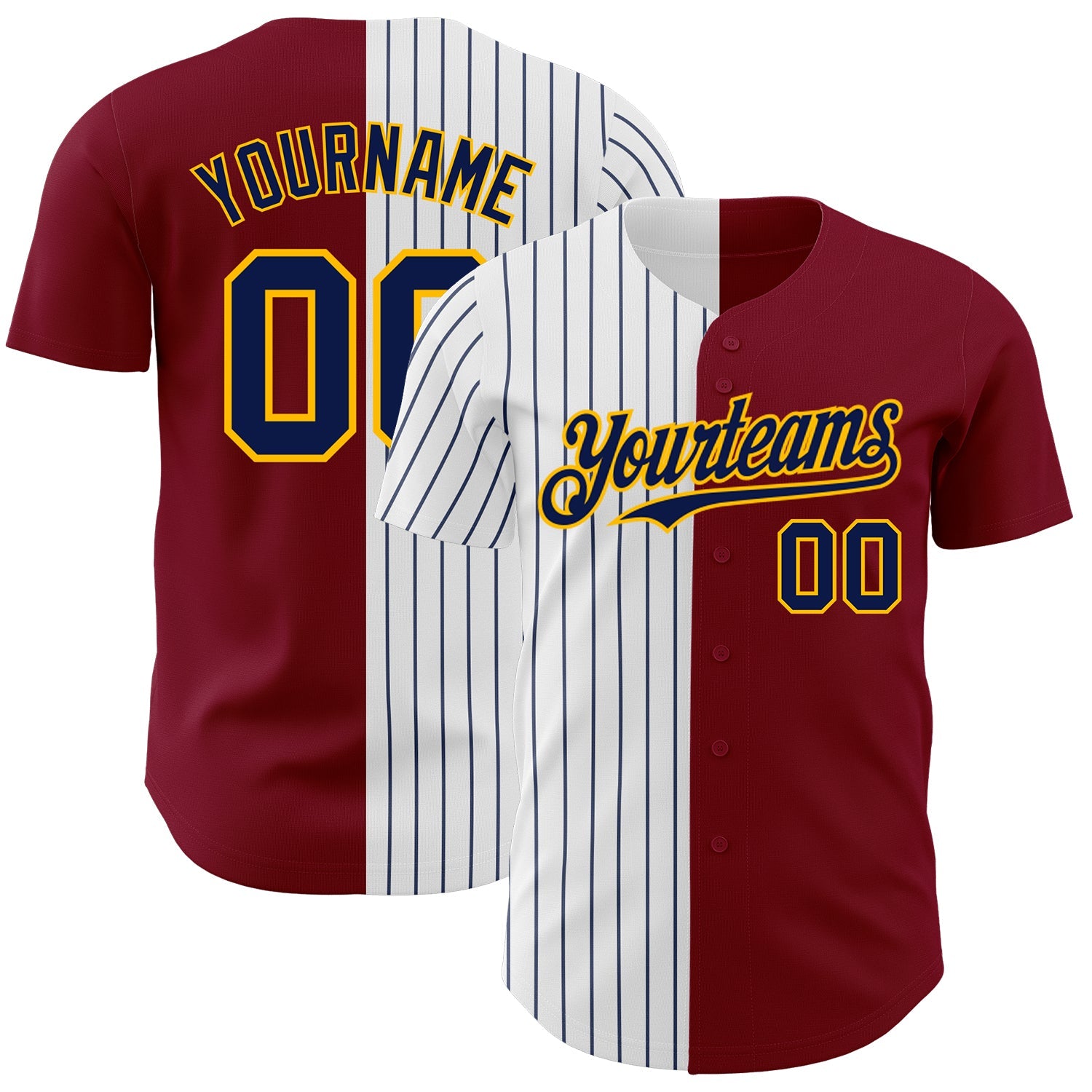 Custom Crimson Gold-Navy Pinstripe Authentic Split Fashion Baseball Jersey - Main View