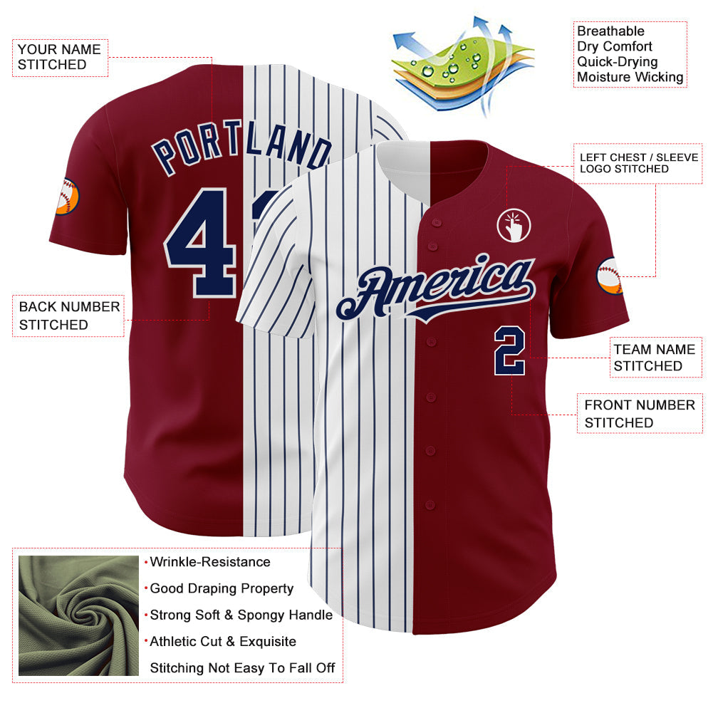 Custom Crimson White-Navy Pinstripe Authentic Split Fashion Baseball Jersey view 3