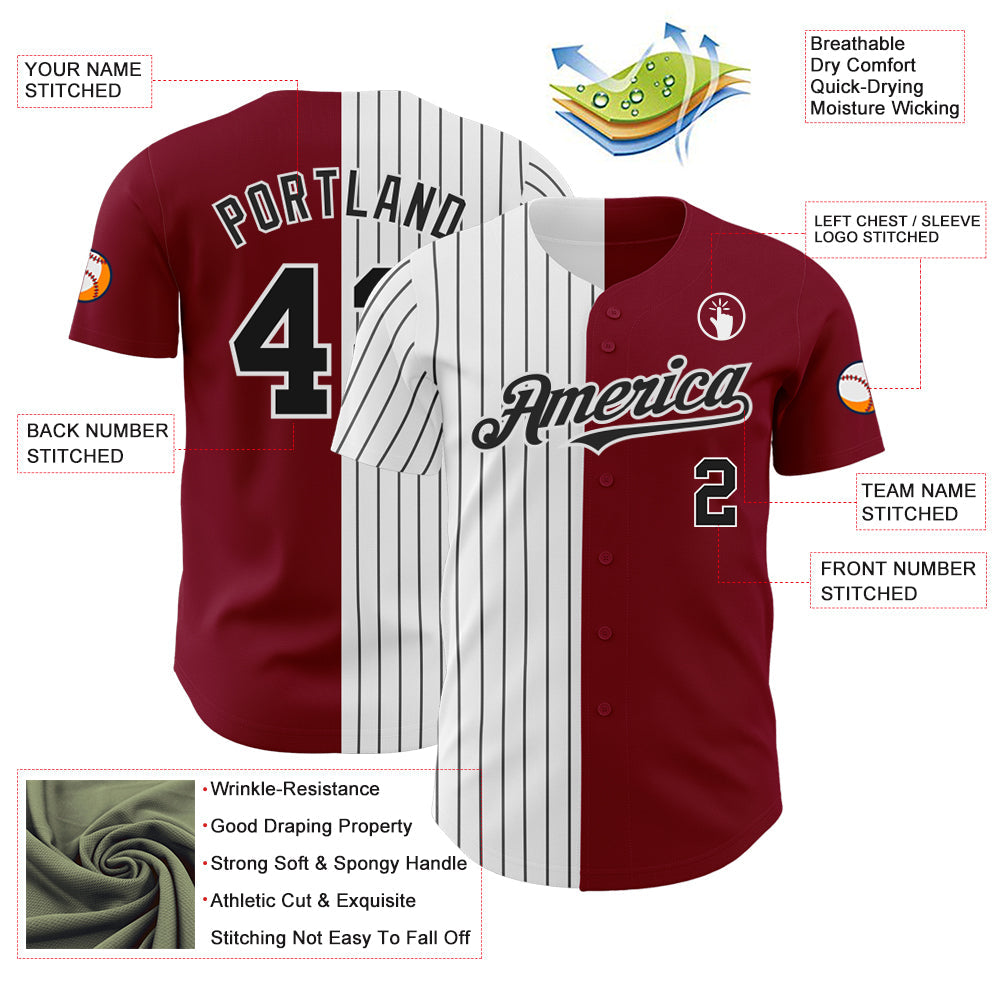 Custom Crimson White-Black Pinstripe Authentic Split Fashion Baseball Jersey view 3